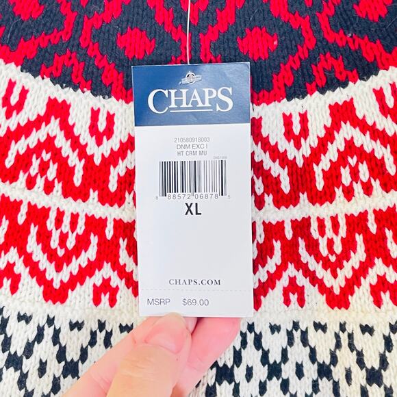 Chaps Christmas Sweater Womens XL Cream Red Fair Isle Long Sleeve Knit Pullover - Picture 3 of 12